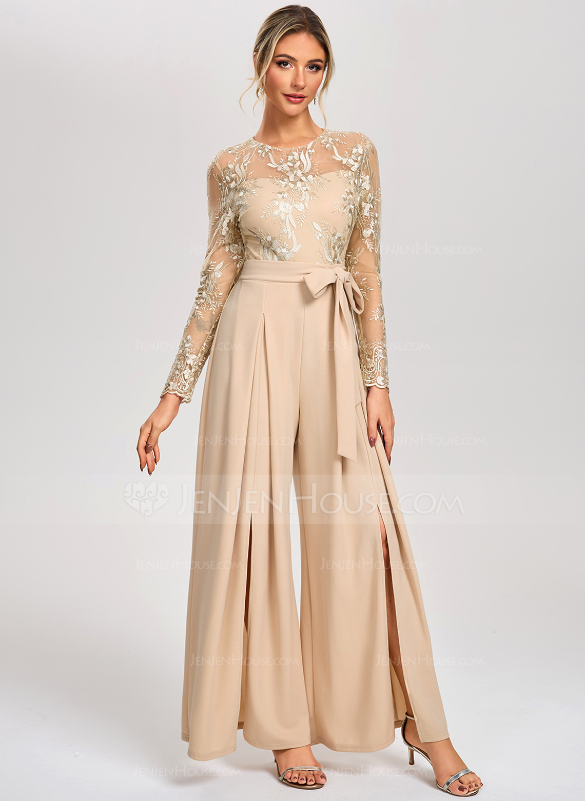 Jumpsuits Illusion Floor-Length Tulle Stretch Crepe Cocktail Dress With Embroidered 