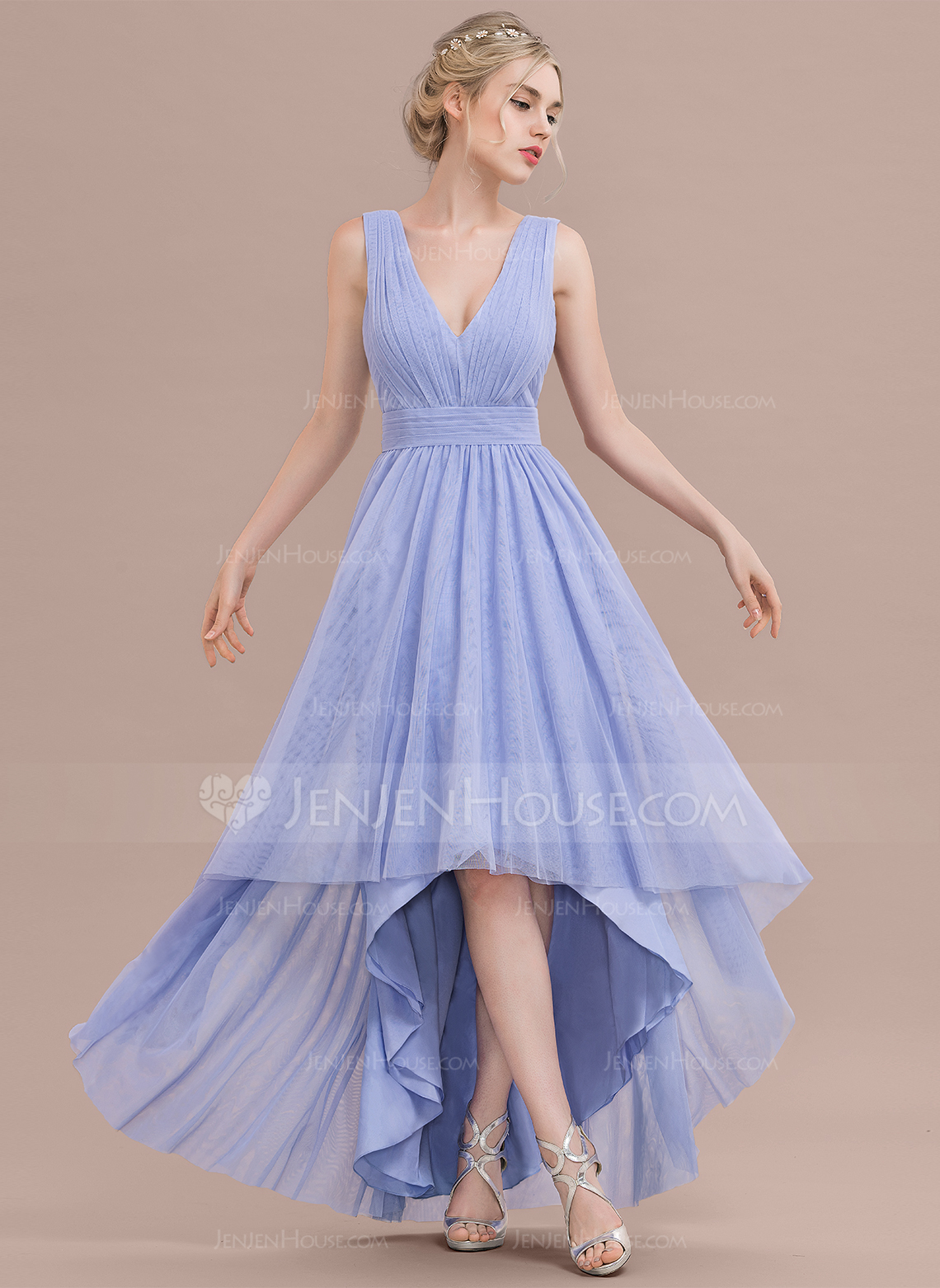 Ball-Gown/Princess V-neck Asymmetrical Tulle Prom Dresses With Ruffle 