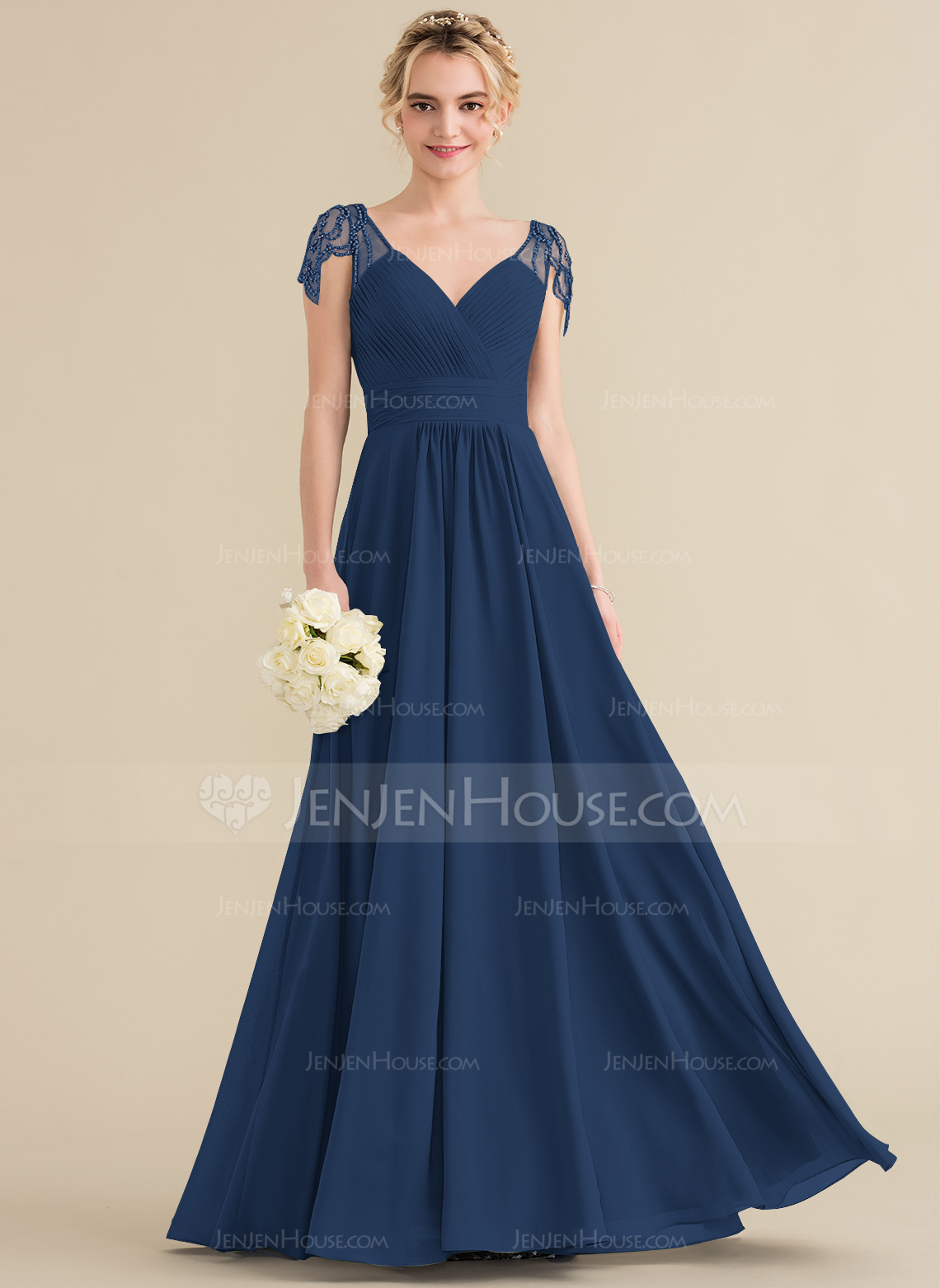 A-Linien-Kleid V-Ausschnitt Bodenlang Chiffon Abendkleid mit Plissee Pailletten Strass 