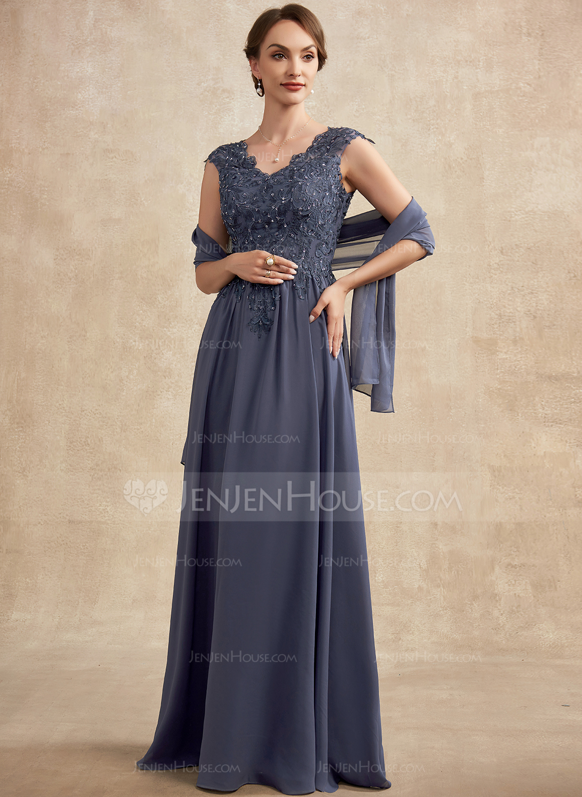 A-line kjole V-hals Gulvlengde Chiffong Blonder Kjole til brudens mor med Profilering paljetter 