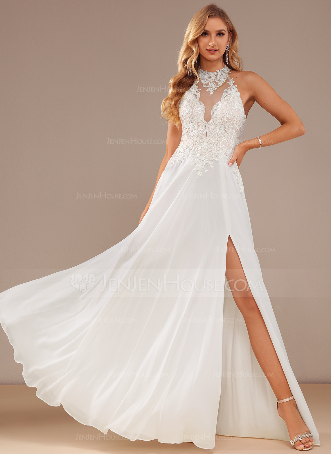 A-line kjole Høyhalser Gulvlengde Chiffong Blonder Brudekjole med paljetter Profilering 