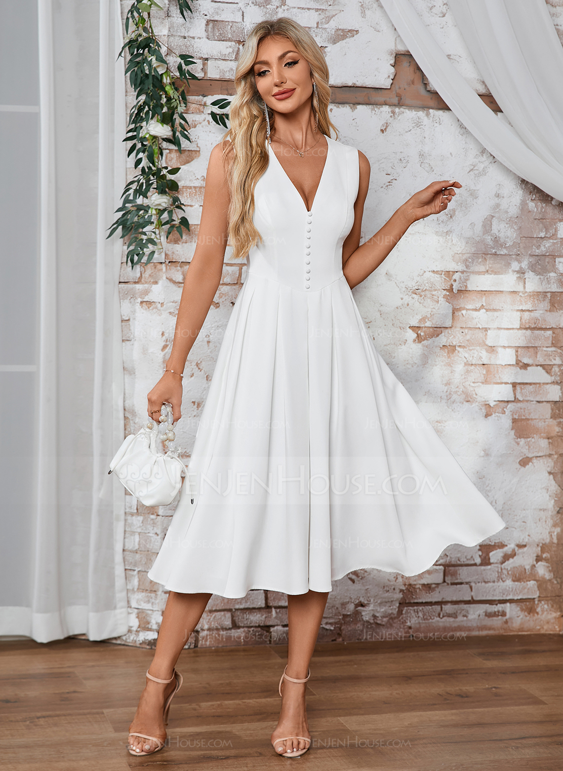 A-line V-Neck Tea-Length Stretch Satin Wedding Dress 