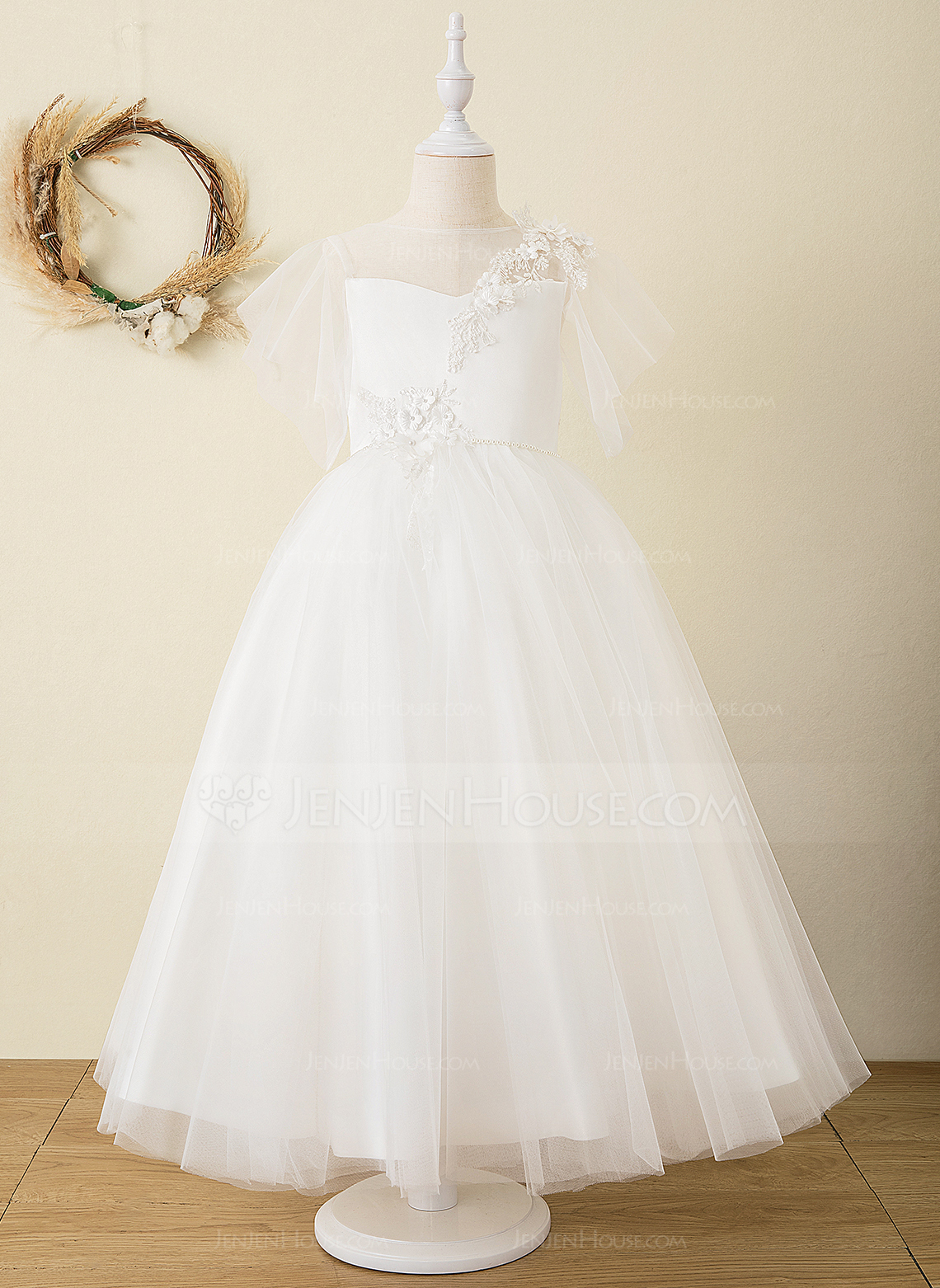 Prinzessin Rundhals Knöchellang Spitze Satin Tüll Blumenmädchenkleid 