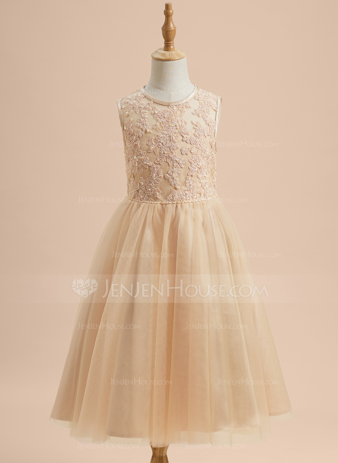 A-line kjole Scoop Te-lengde Blonder Tyll Brudepikekjole barn med Profilering paljetter 