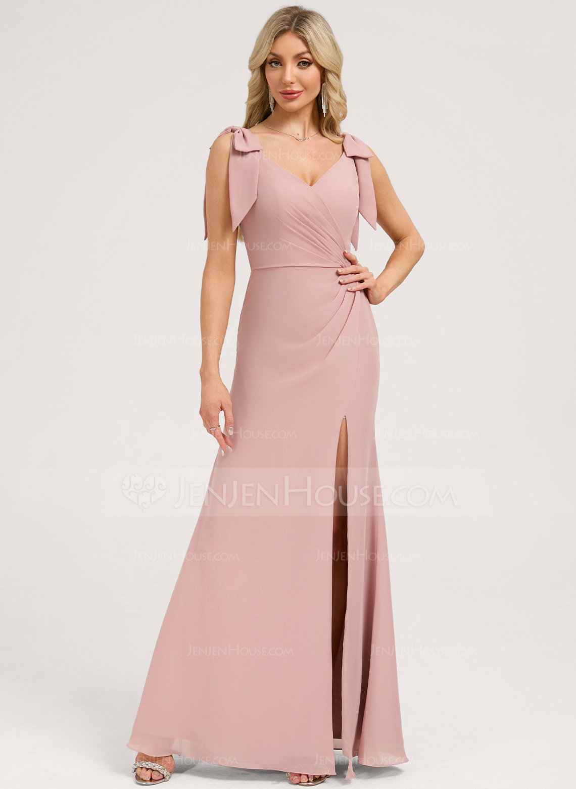 A-line V-Neck Knee-Length Floor-Length Chiffon Bridesmaid Dress With Bow 