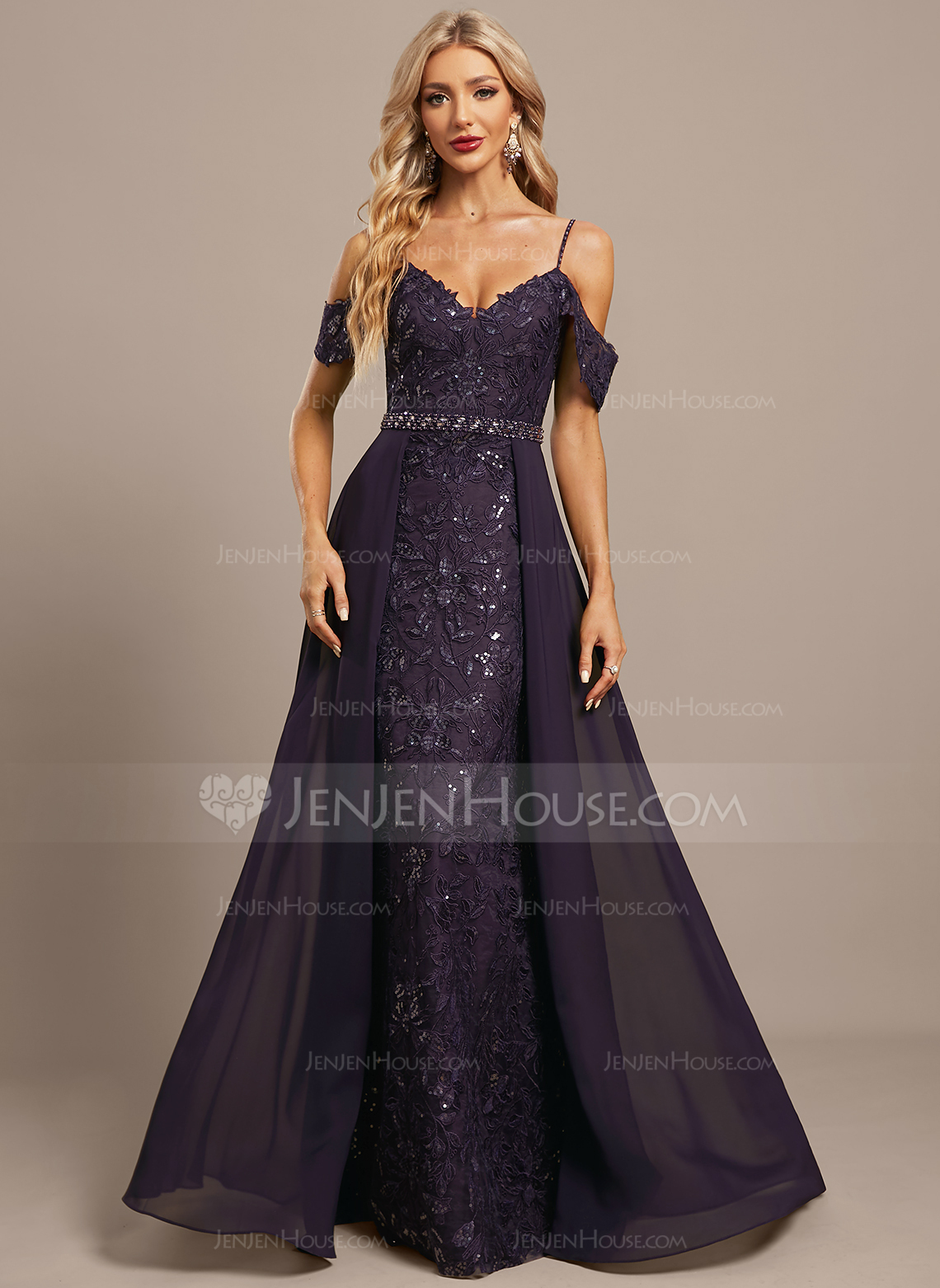 Cold Shoulder Overskirt Sequin Maxi Dress