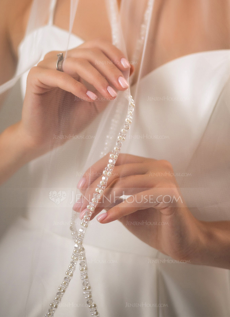 Beading Cut Edge Single Tier Tulle Bridal Cathedral Length Wedding Veils 
