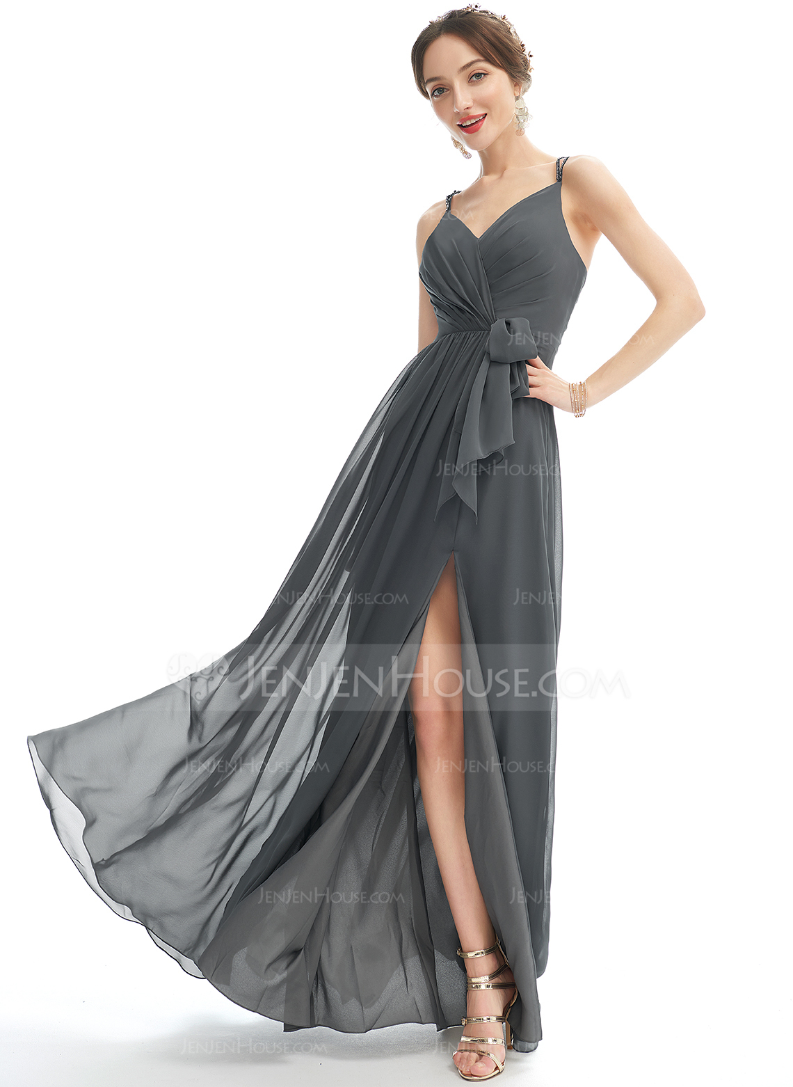 A-line V-Neck Floor-Length Chiffon Bridesmaid Dress With Ruffle Beading 