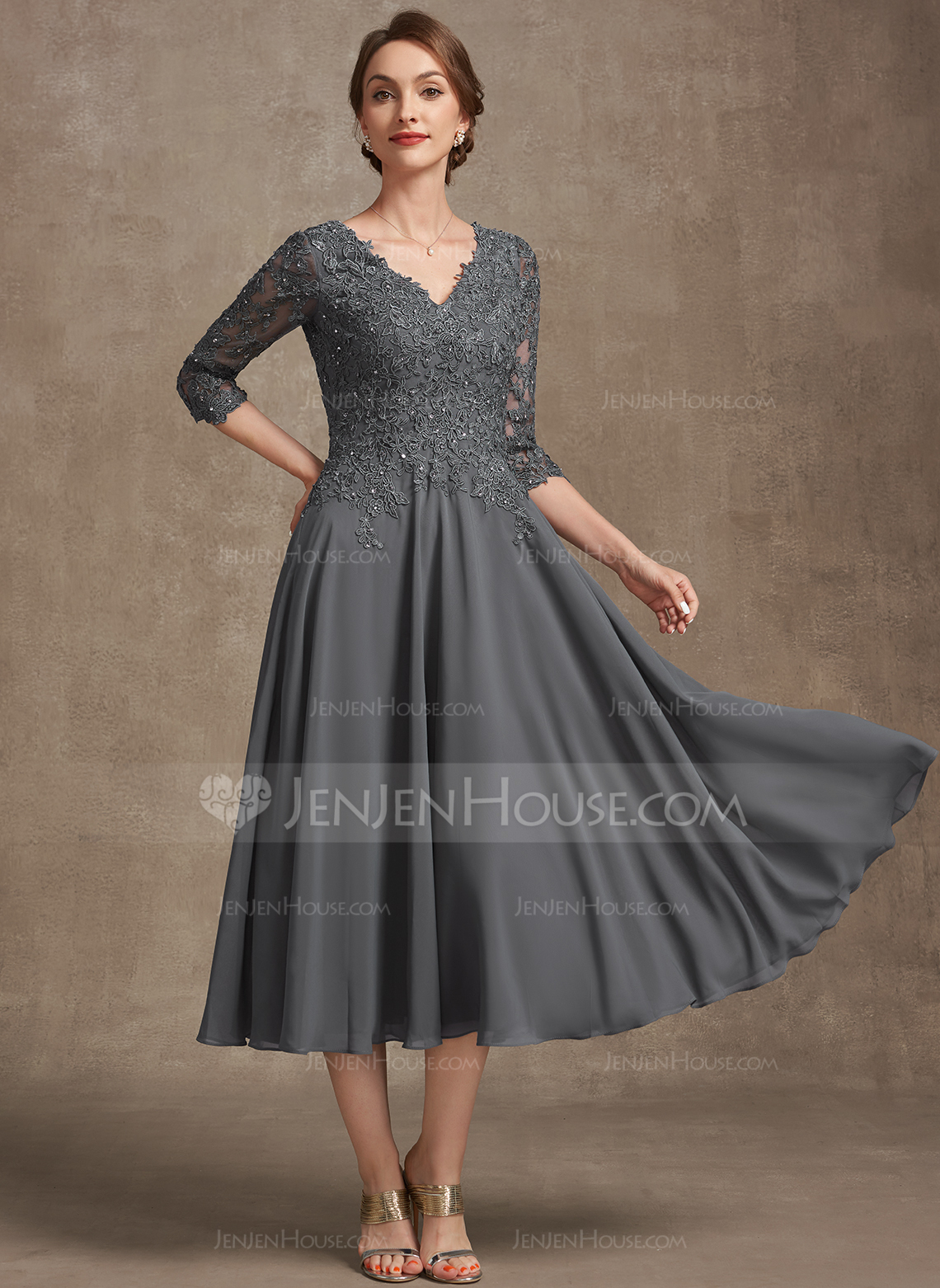 A-line V-Neck Tea-Length Chiffon Lace Mother of the Bride Dress With Beading Sequins 