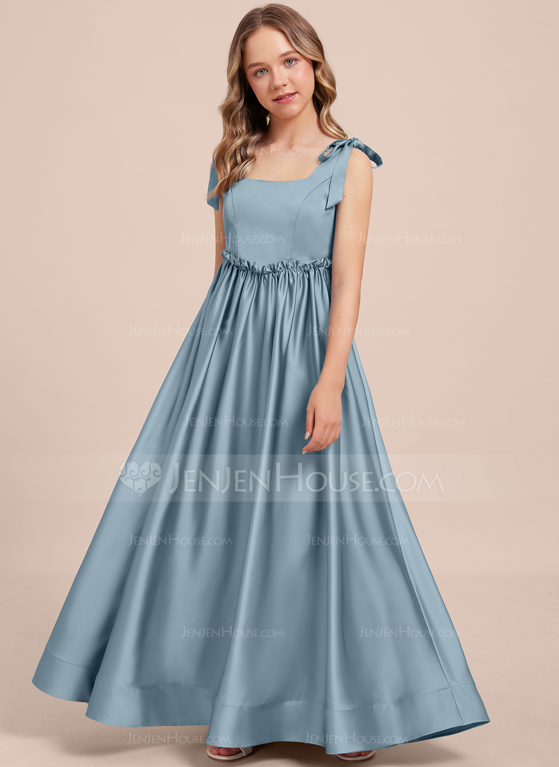 A-line Square Floor-Length Matte Satin Junior Bridesmaid Dress 
