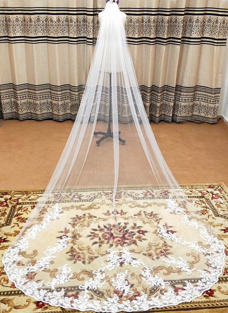 Lace Edge Single Tier Tulle Bridal Cathedral Length Wedding Veils 