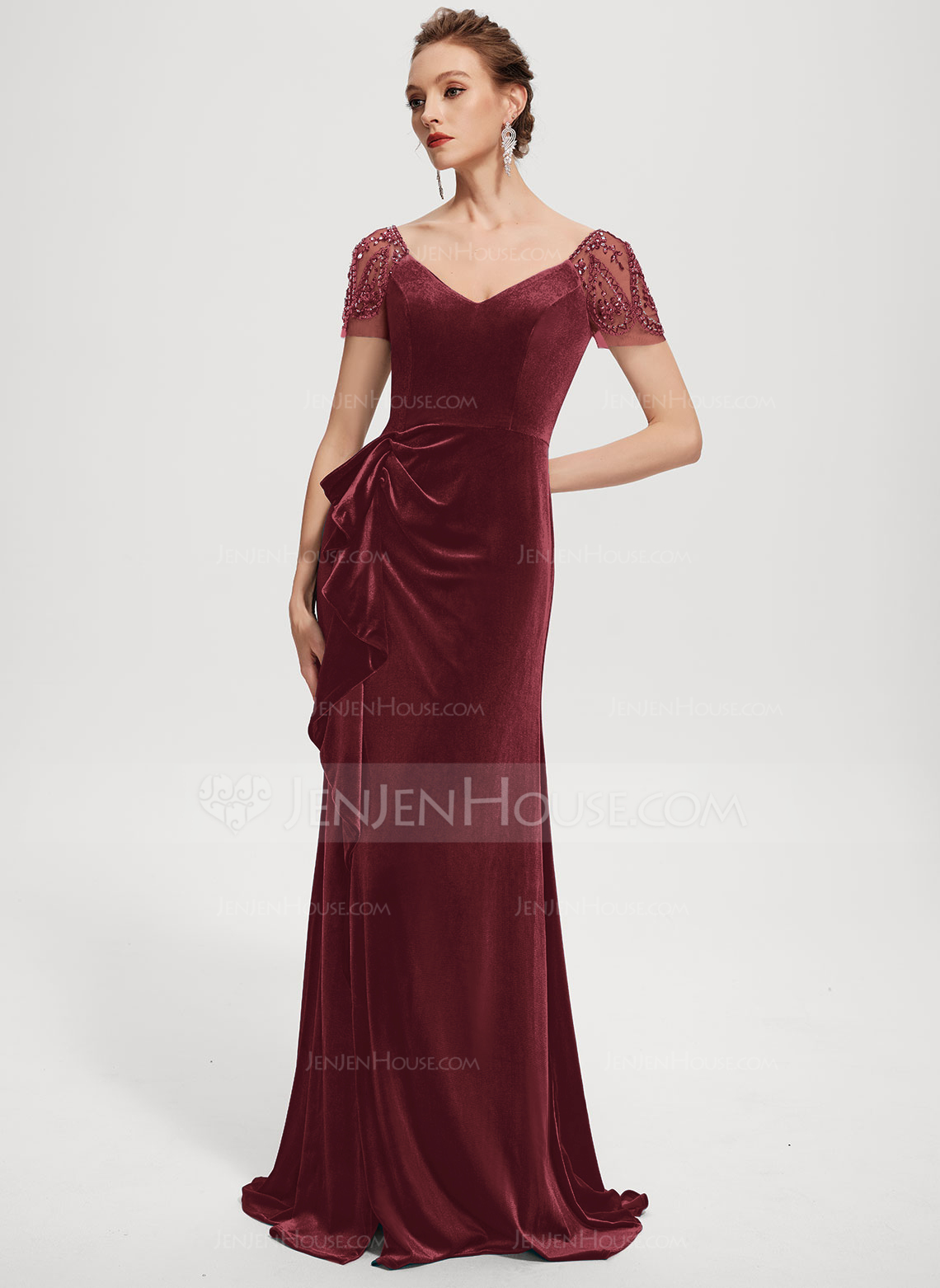 Kjole Maxi i Fløyel med Brusende Volanger