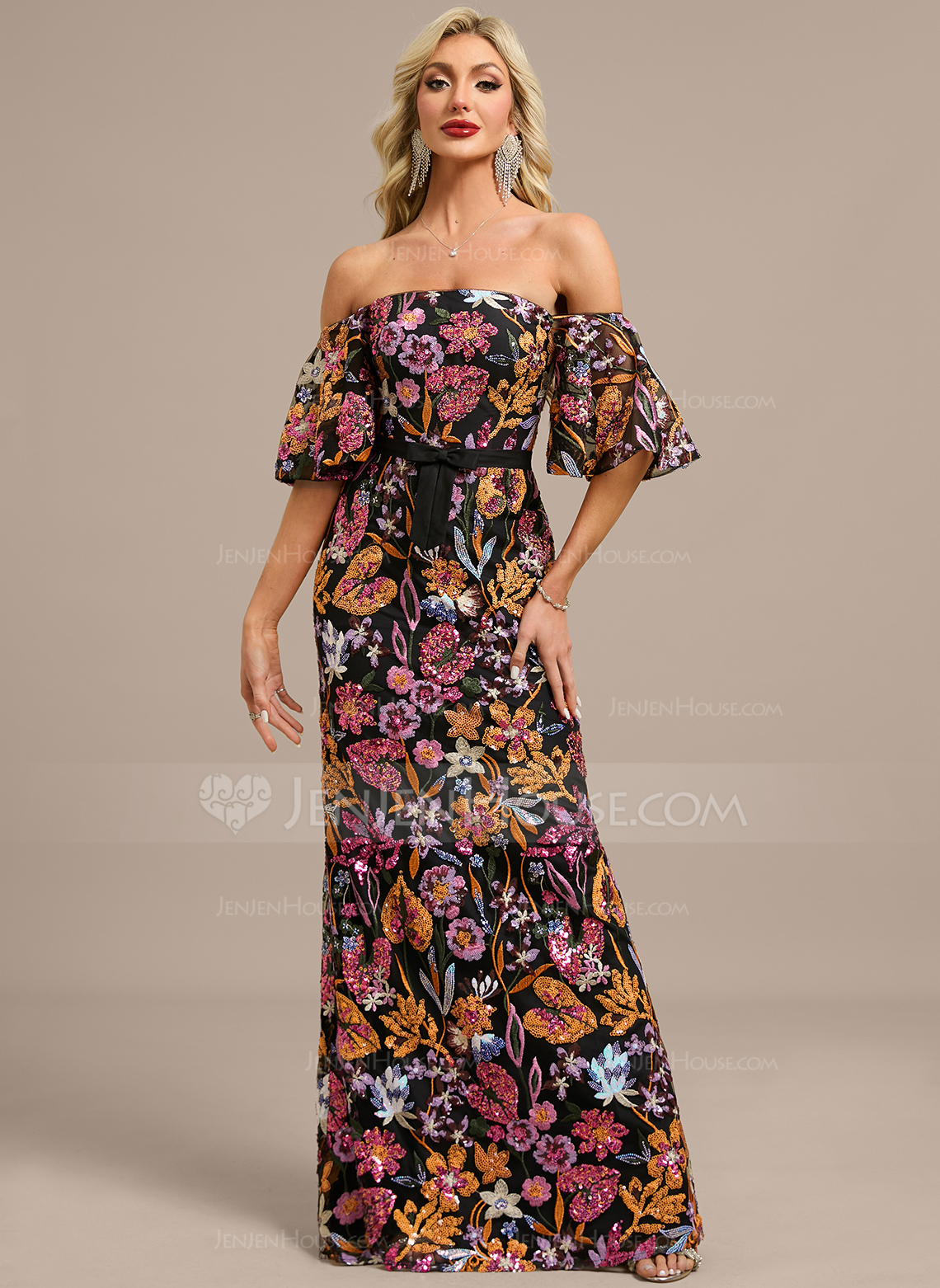 Sheath/Column Off the Shoulder Floor-Length Lace Floral Sequin Evening Dress With Bow 