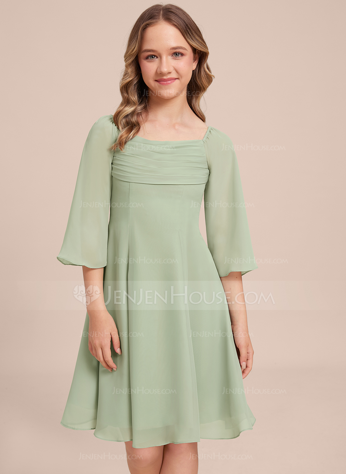 A-Linien-Kleid Karree Knielang Chiffon Kleider für junge Brautjungfern 
