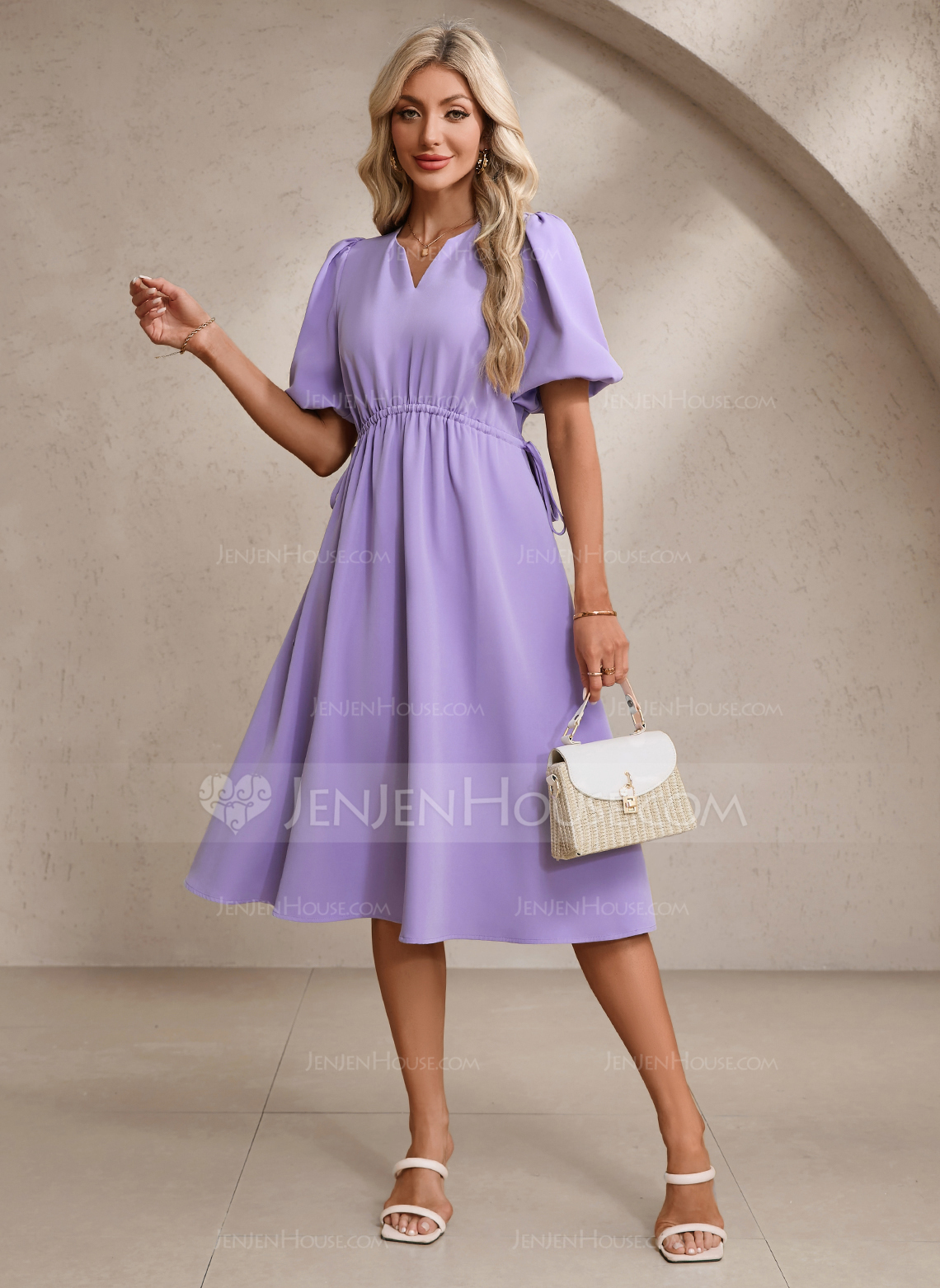 V-Neck Short Sleeve A-line Stretch Crepe Midi Dress 