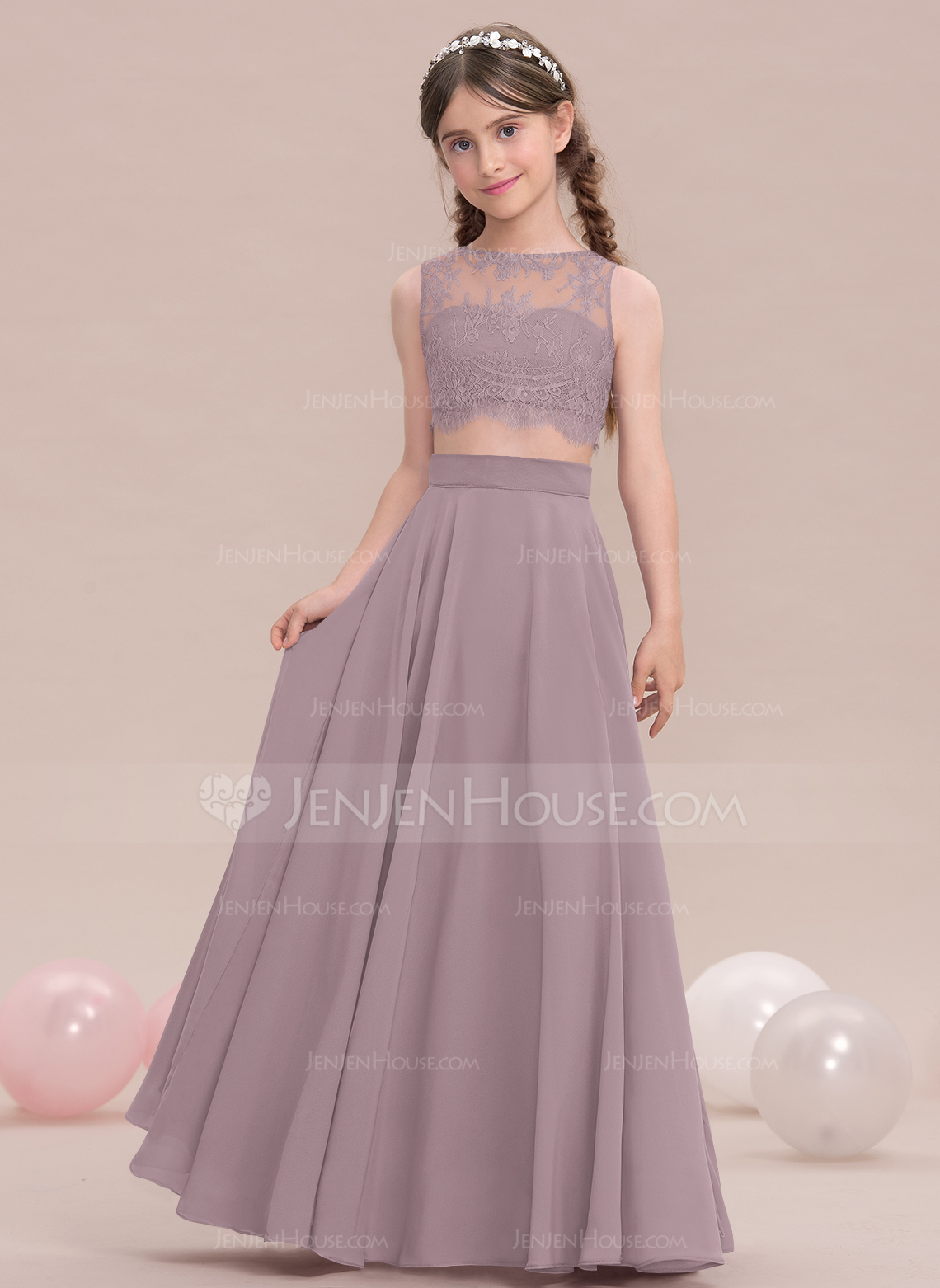 A-Linien-Kleid Rundhals Bodenlang Chiffon Spitze Kleider für junge Brautjungfern 