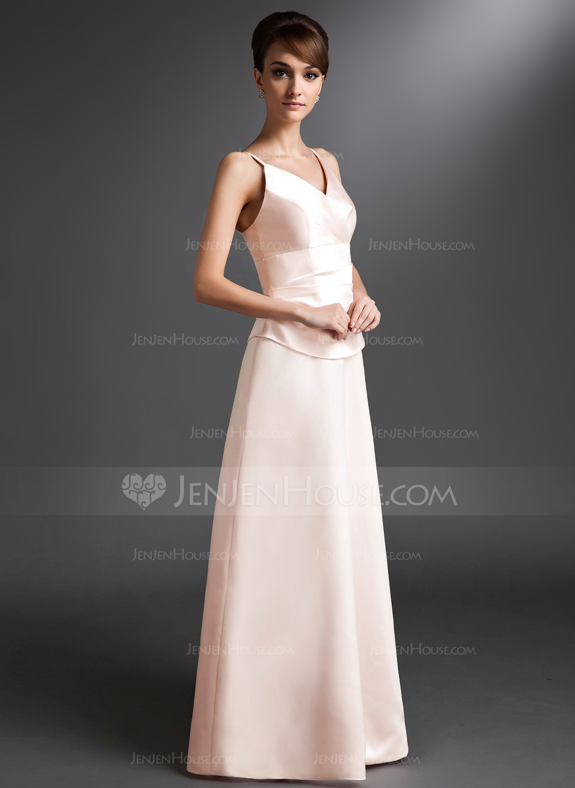 A-Line/Princess V-neck Floor-Length Satin Bridesmaid Dress With Ruffle ...