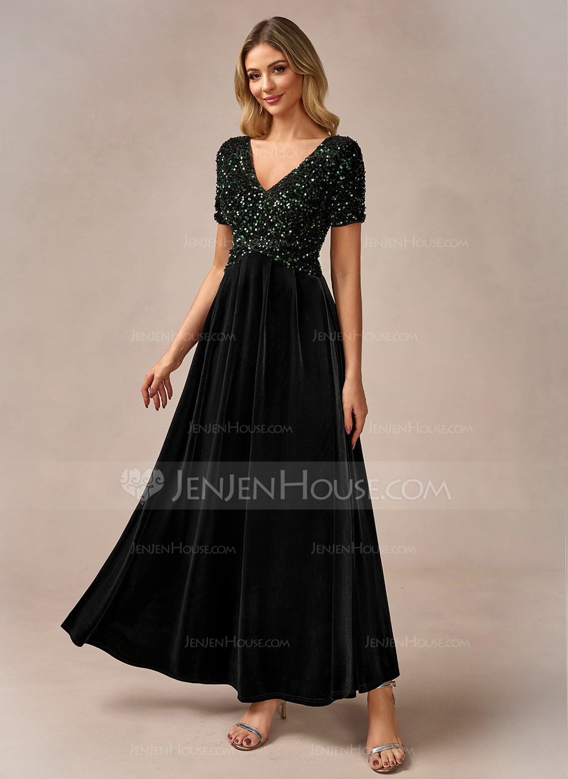 V-Neck Short Sleeve A-line Velvet Sequin Maxi Dress 