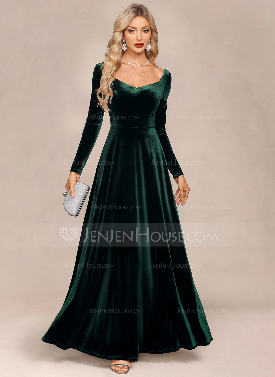 A-line V-Neck Floor-Length Velvet Evening Dress 