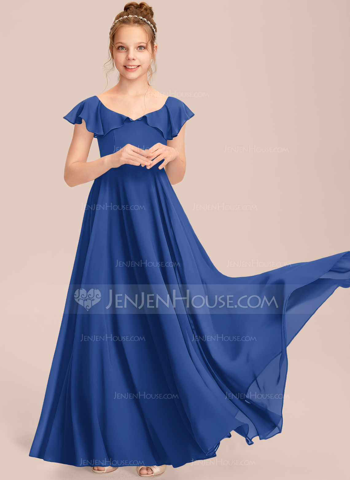 A-line kjole V-hals Gulvlengde Chiffon Brudepikekjole ungdom 