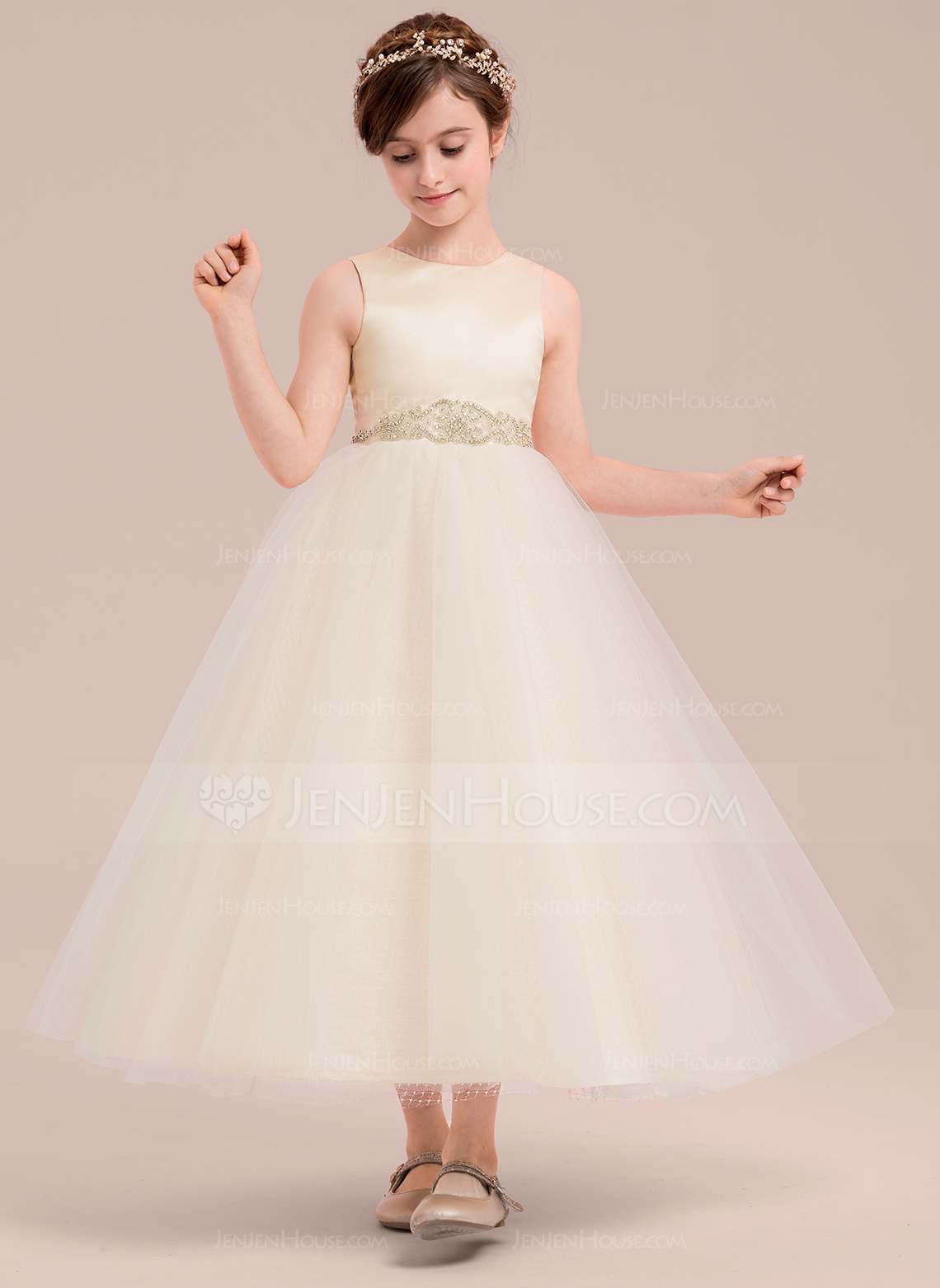 A-line kjole Scoop Ankel-lengde Sateng Tyll Brudepikekjole barn med Profilering 