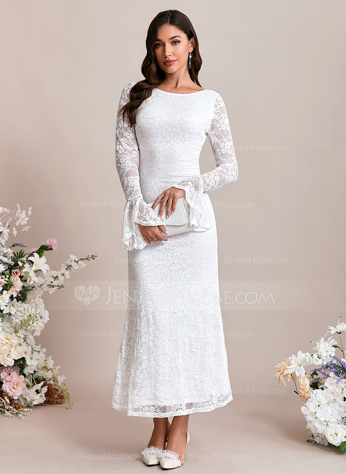 Sequins Boat Neck Long Sleeve Trumpet/Mermaid Lace Maxi Dress 