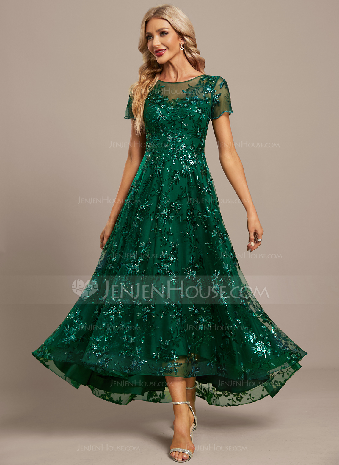 A-line Scoop Illusion Asymmetrical Sequin Lace Mother of the Bride Dress 