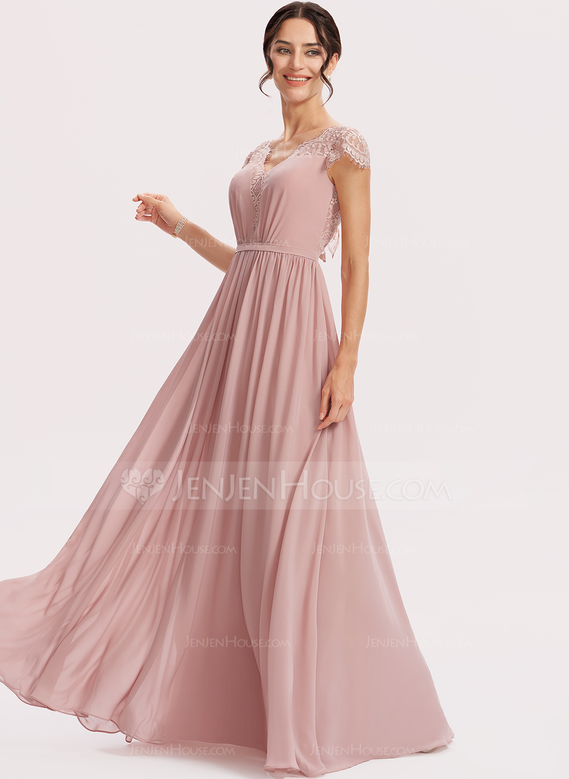 A-formet V-hals Gulvlengde Brudepikekjole med Blonder 