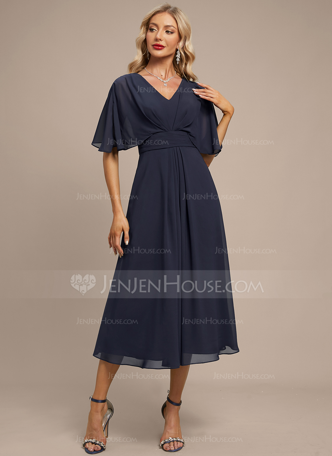 Pleated Chiffon Midi Dress