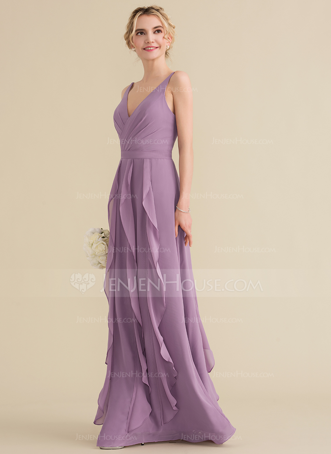 A-formet V-hals Gulvlengde Chiffong Brudepikekjole med Brusende Volanger 