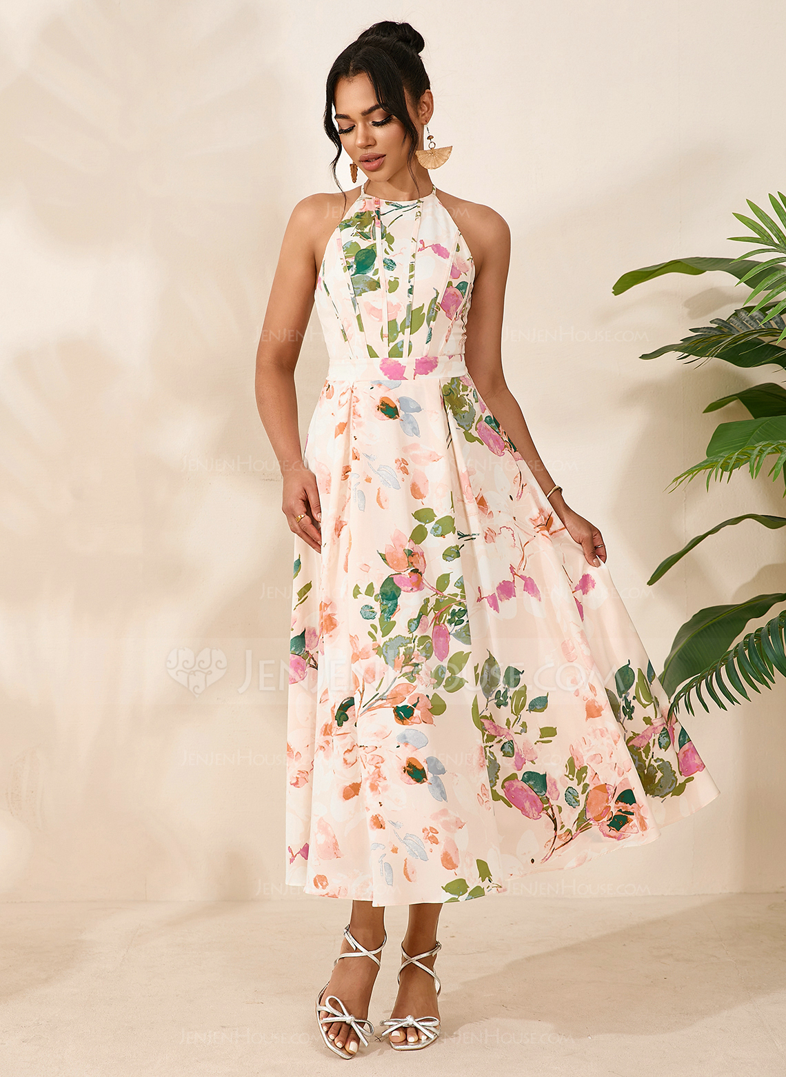 Floral Print Halter Sleeveless A-line Printed Fabric Midi Dress 