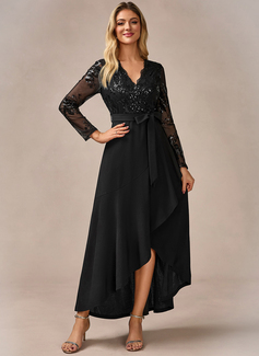 Sequins V-Neck Long Sleeve A-line Stretch Crepe Sequin Asymmetrical Maxi Dress 