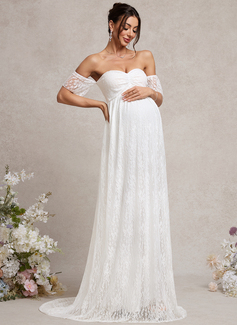 A-line Off the Shoulder Sweep Train Lace Maternity Dresses With Pleated 
