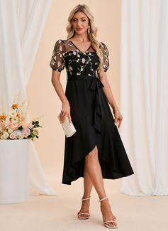 Embroidered Illusion Short Sleeve A-line Charmeuse Tulle Asymmetrical Midi Dress 