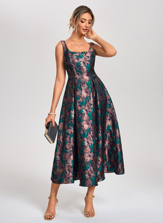 Square Sleeveless A-line Jacquard Midi Dress 