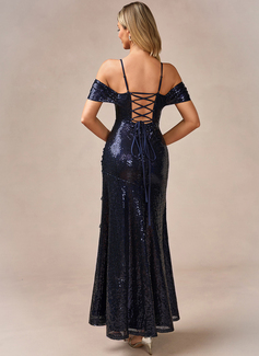 Ruffle Cold Shoulder Spaghetti Straps Trumpet/Mermaid Sequin Maxi Dress 