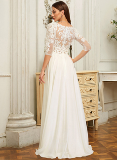 A-line kjole V-hals Asymmetrisk Blonder Chiffon Brudekjole 