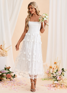 A-line Cowl Tea-Length Tulle Wedding Dress With Embroidered 