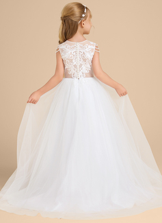 Prinzessin Rundhals Bodenlang Spitze Satin Tüll Blumenmädchenkleid mit Perlen 