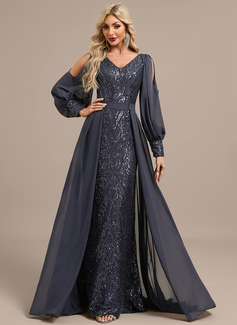 Sheath/Column V-Neck Floor-Length Detachable Lace Sequin Chiffon Evening Dress With Overskirt 