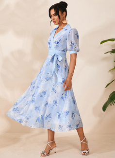 Floral Print Collared Short Sleeve A-line Printed Fabric Midi Dress 