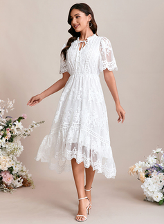 A-line V-Neck Tea-Length Lace Wedding Dress With Embroidered 