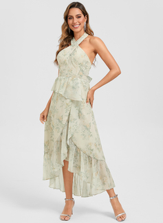 Trapèze licou asymétrique mousseline floral robe de cocktail avec à volants 