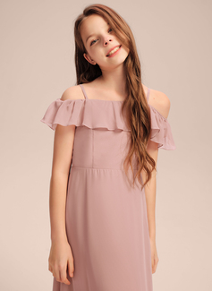 A-formet Off-the-Shoulder Gulvlengde Chiffong Brudepikekjole til tenåringer 