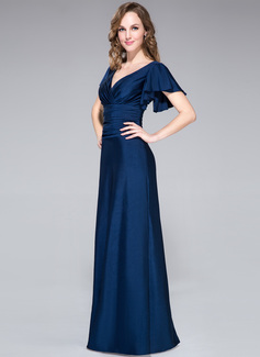 A-Line/Princess V-Neck Half Sleeves Floor-Length Evening Dress with Ruffles
