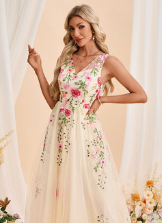 V-Neck Illusion Sleeveless A-line Tulle Midi Dress 