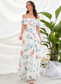 Splittet Front Bare skuldre Ermeløs Ferie A-line kjole Chiffong Midi Ankel-lengde Motekjoler 