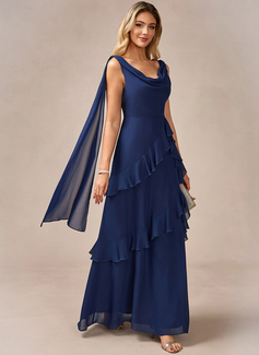 A-line Cowl Floor-Length Chiffon Evening Dress With Cascading Ruffles Cape 