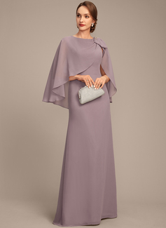 A-line Boat Neck Floor-Length Chiffon Mother of the Bride Dress With Beading Cape Sequins Pleated Bow 
