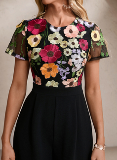 Embroidered Scoop Short Sleeve Jumpsuits Tulle Stretch Crepe Maxi Dress 